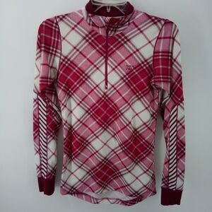 HELLY HANSEN Women's Lifa Stretch 1/4 Zip Base Layer Top S Tartan Pattern Pink